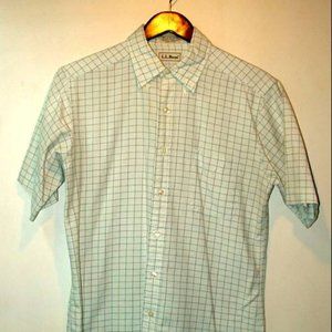 LL Bean  Plaid  green   short sleeve shirt  med 15 1/2  60 % cotton